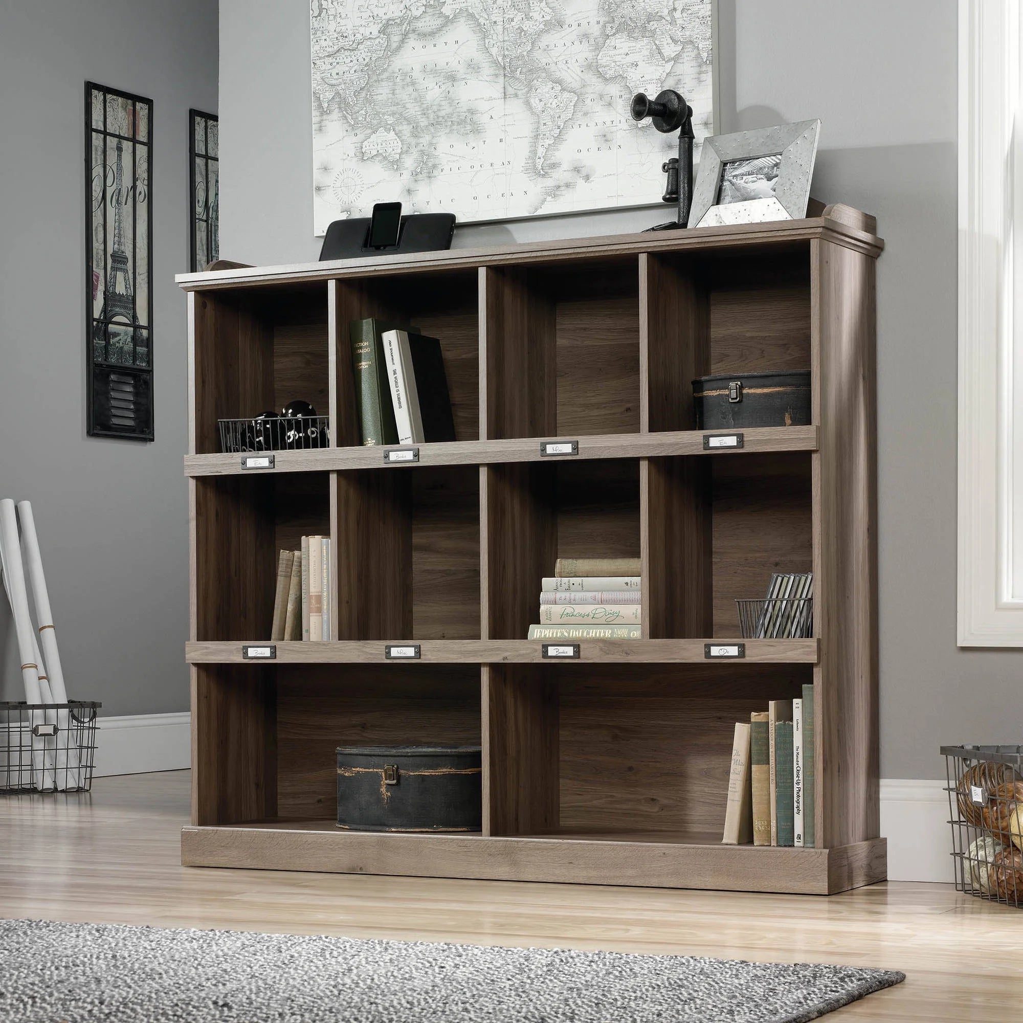 Barrister Lane Storage Bookcase with ID Label Tags, Salt Oak Finish