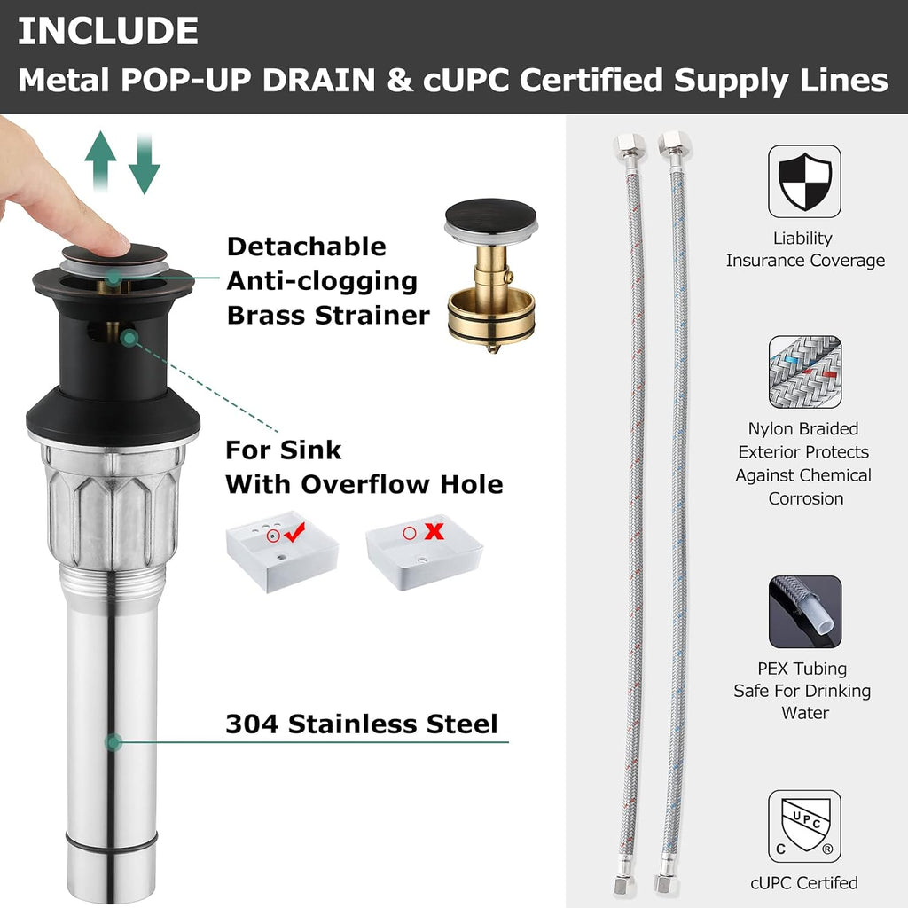 Oil Rubbed Bronze Double-Handle Lavatory Faucet with Metal Drain Assembly and Supply Hose, 13592