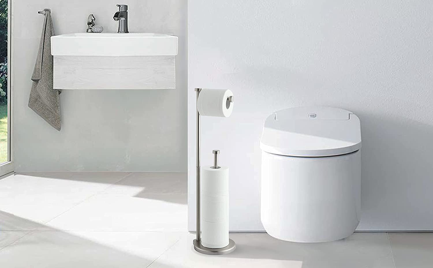 Freestanding Bathroom Toilet Paper Holder with Reserve for Jumbo Rolls