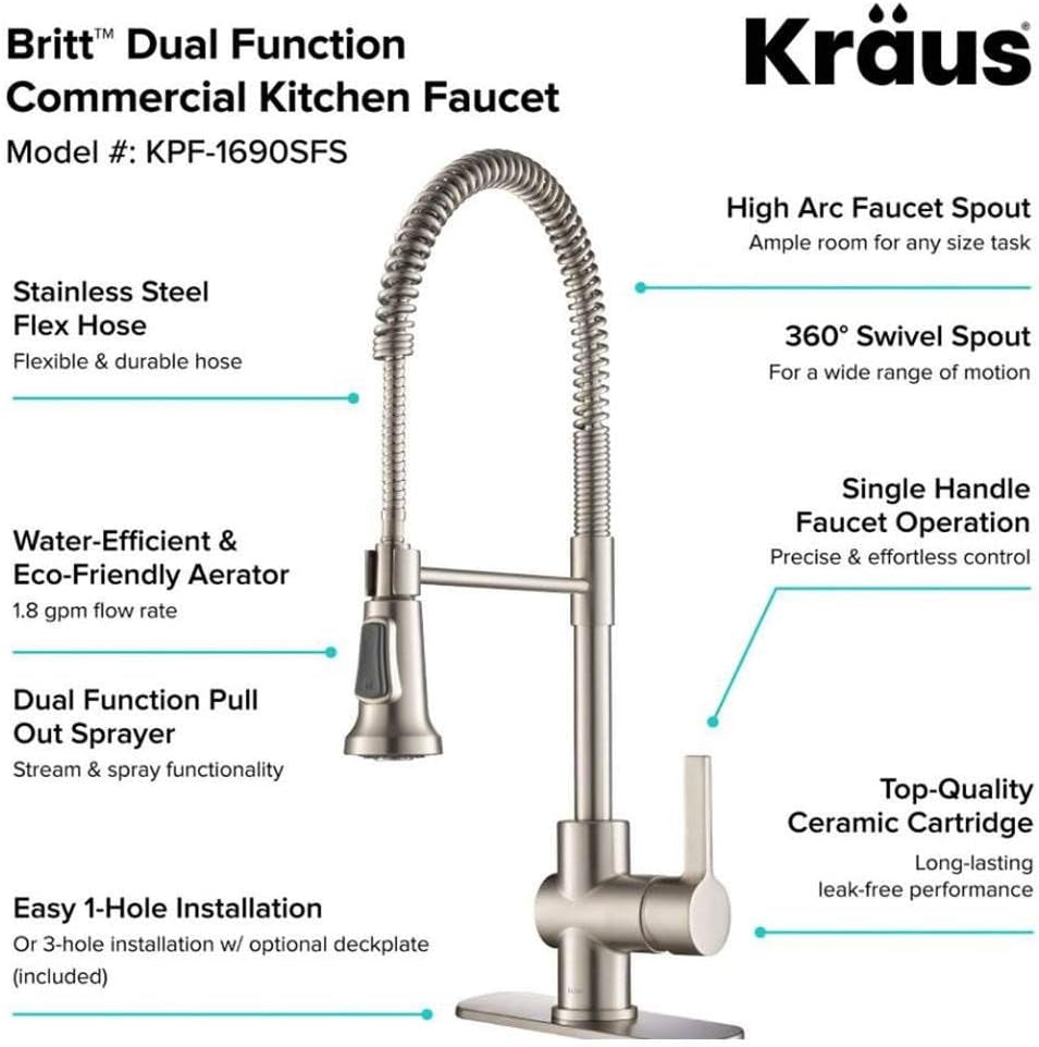 KRAUS Britt Commercial Style Spot Free Stainless Steel Pre-Rinse Kitchen Faucet with Deck Plate, KPF-1690SFS