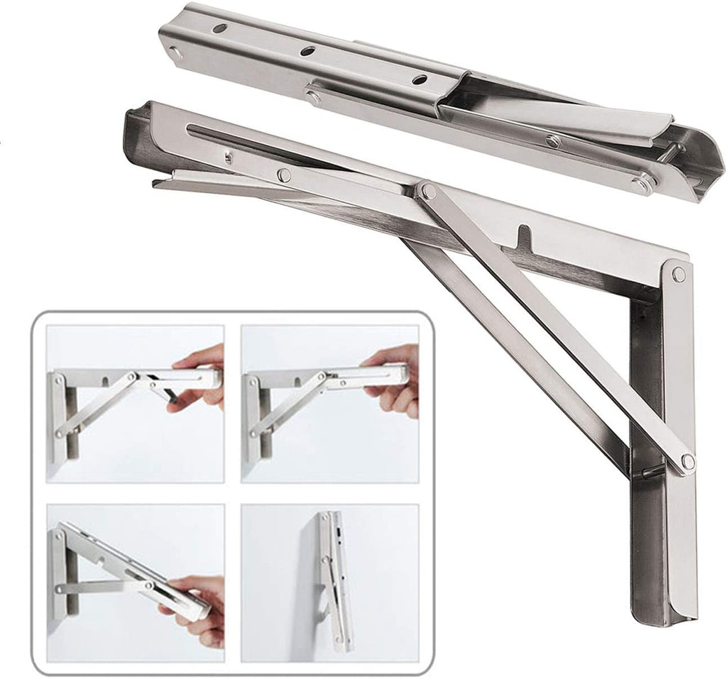 CLT 14'' Folding Shelf Brackets Max. Load 440 Lb, Heavy Duty Stainless Steel DIY Wall Mounted Shelf Bracket Space Saving for Table Work Bench, Pack of 2