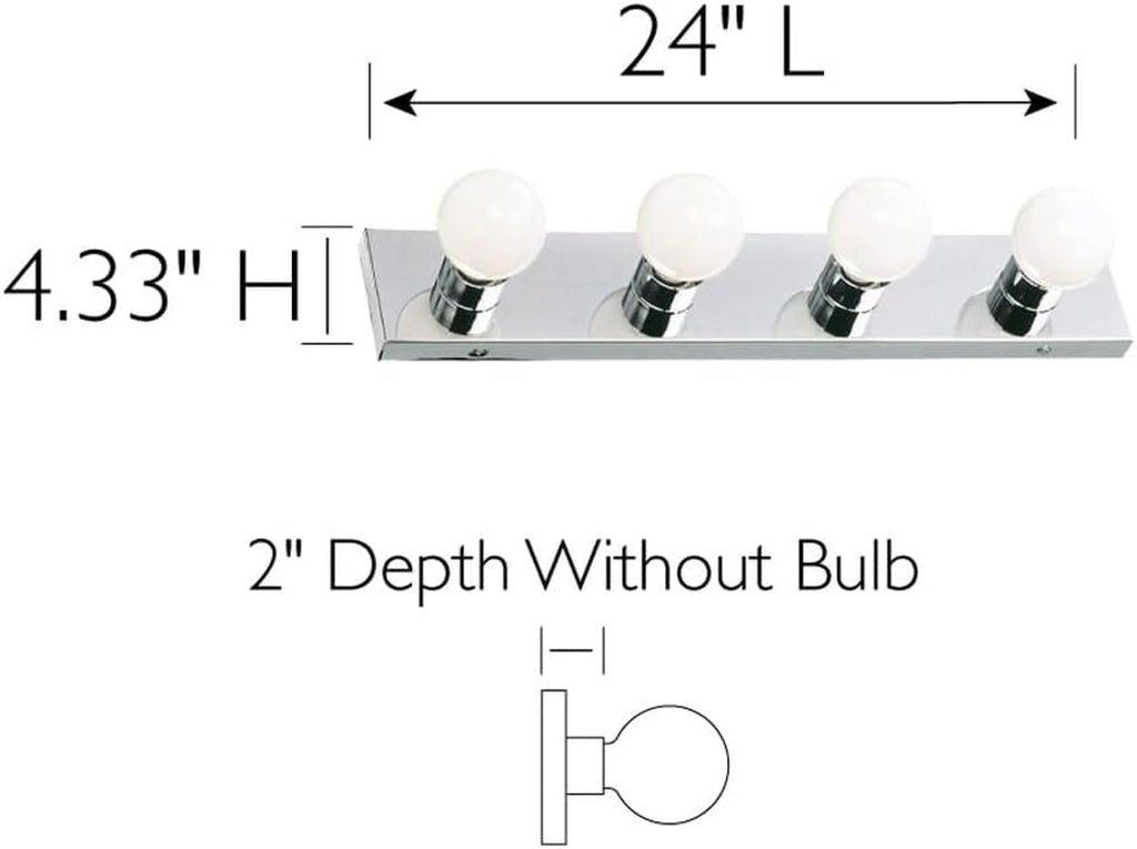 Vanity Lighting, Steel Construction, 4 Vanity Lights, Dimmable, Uses Four 60W Bulbs, Polished Chrome, 24.0 In. W X 4.3 In. H X 2.0 In. D, 500892